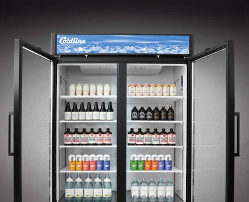 Coldline G53-B 53" Double Glass Swing Door Merchandising Refrigerator, Black - Top Restaurant Supplies