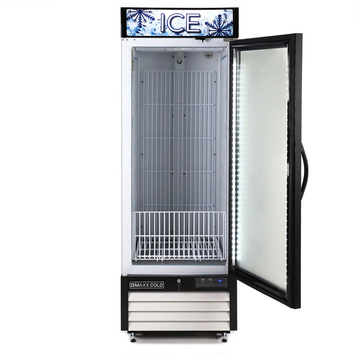 Maxx Cold MXM1-23FHC-ICE 27” Glass Door Ice Merchandiser Freezer, 23 Cu. Ft. Storage, Single Door - Top Restaurant Supplies