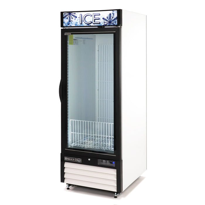 Maxx Cold MXM1-23FHC-ICE 27” Glass Door Ice Merchandiser Freezer, 23 Cu. Ft. Storage, Single Door - Top Restaurant Supplies