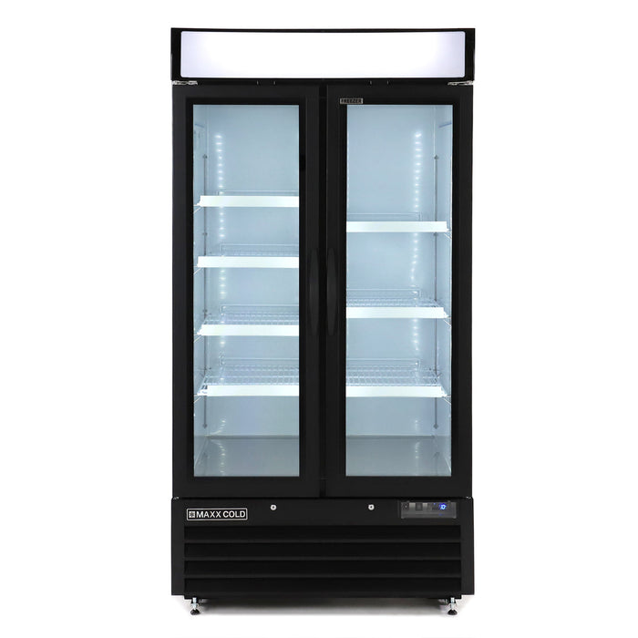 Maxx Cold MXM2-36FBHC Glass Door Narrow Width Merchandiser Freezer, Double Door, Black - Top Restaurant Supplies