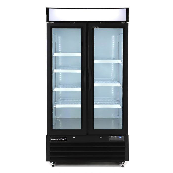 Maxx Cold MXM2-36RHC Narrow Width Glass Door Merchandiser Refrigerator, Double Door, White - Top Restaurant Supplies