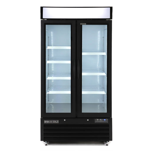 Maxx Cold MXM2-36RBHC Narrow Width Glass Door Merchandiser Refrigerator, Double Door, Black - Top Restaurant Supplies