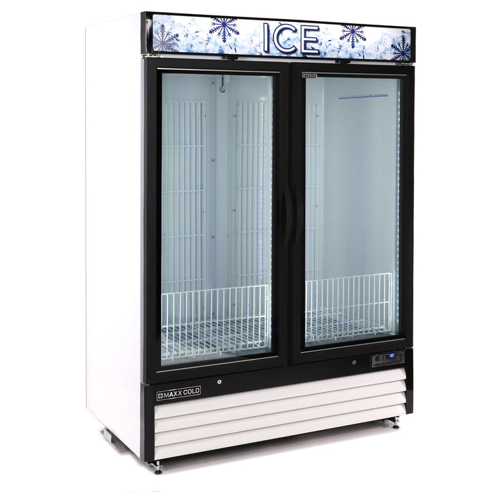 Maxx Cold MXM2-48FHC-ICE 54” Glass Door Ice Merchandiser Freezer, 48 Cu. Ft. Storage, Double Door - Top Restaurant Supplies