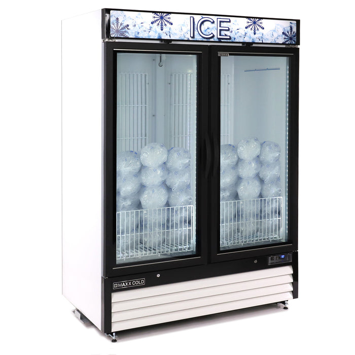 Maxx Cold MXM2-48FHC-ICE 54” Glass Door Ice Merchandiser Freezer, 48 Cu. Ft. Storage, Double Door - Top Restaurant Supplies