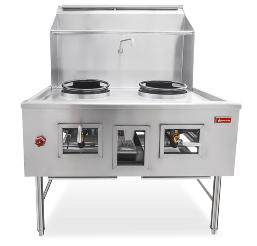 Omcan CE-CN-W2L0-NG Wok Range Two Chamber 2x13 Inches Natural Gas 2x95,000 Btu W/backsplash/faucet Cetlus/etl Sanitation