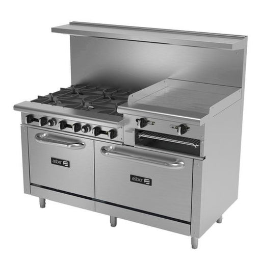 Asber AEMR-2-RG24-B6-60-H-NG 60" 6 Burner Natural Gas Restaurant Range with Double Oven and 24" Raised Griddle - 288,000 BTU - Top Restaurant Supplies