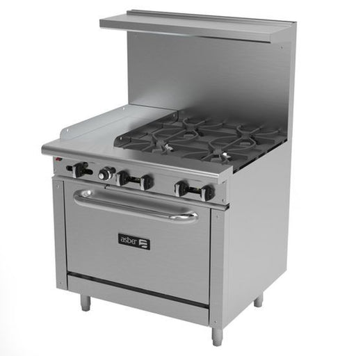 Asber AEMR-G12-B4-36-NG 36" 4 Burner Natural Gas Restaurant Range with Oven and 12" Griddle - 174,000 BTU - Top Restaurant Supplies