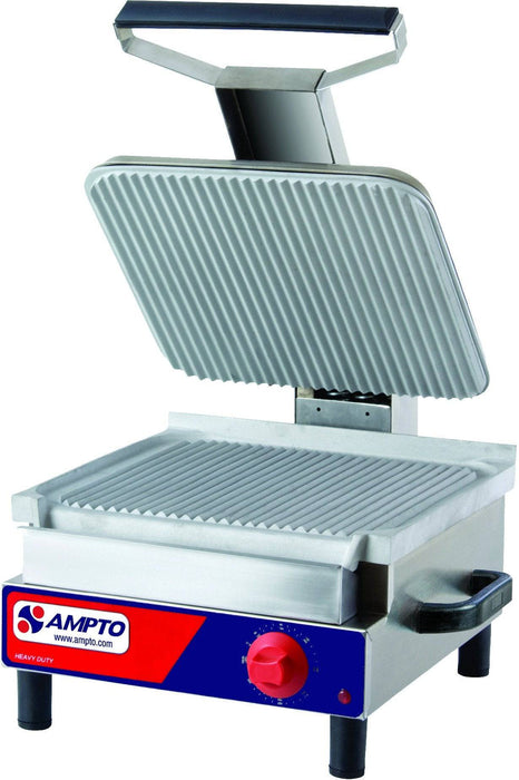 Ampto SASE Single Sandwich Grill, 12" X 13-3/4", Ribbed, Electric - Top Restaurant Supplies