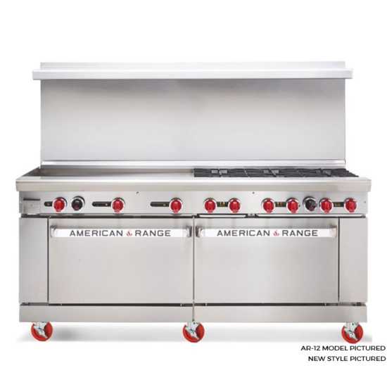 American Range AR-48G-4B-LP 72" 4 Burner & 48" Griddle Heavy-Duty Restaurant Range with 2 Ovens - Liquid Propane Gas 278,000 BTU-Top Restaurant Supplies