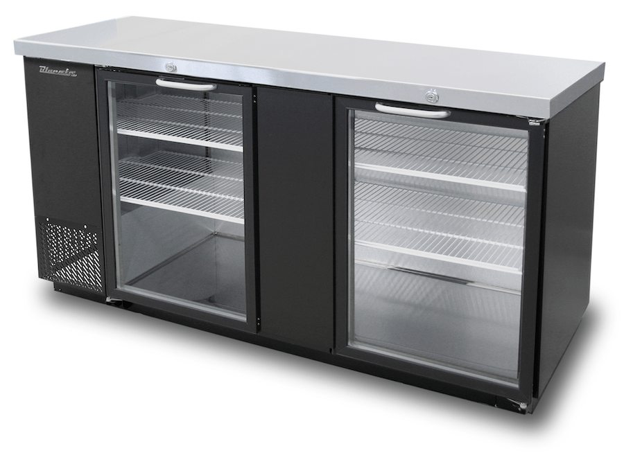 Blue Air BBB69-3BG-HC 2 Glass Doors Back Bar Cooler, Black Finish Exterior, 69" W x 27" D, R-290 Refrigerant - Top Restaurant Supplies