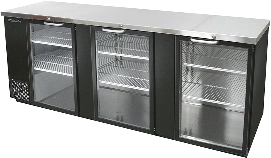 Blue Air BBB90-4BG-HC 3 Glass Doors Back Bar Cooler, Black Finish Exterior, 90" W x 27" D, R-290 Refrigerant - Top Restaurant Supplies