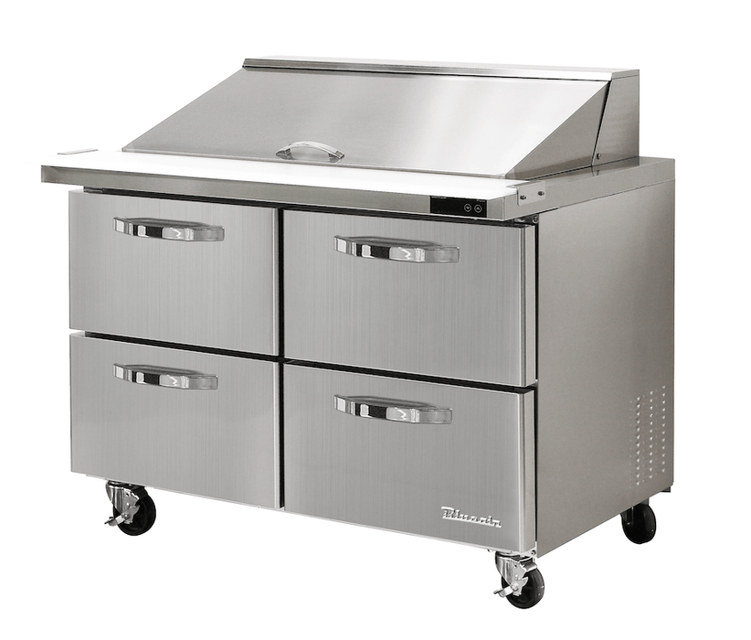 Blue Air BLMT48-D4-HC 4 Drawer Mega Top Sandwich Prep Table with Eighteen 1/6" Pans, 48" wide, 13 Cu. Ft., R-290 Refrigerant - Top Restaurant Supplies