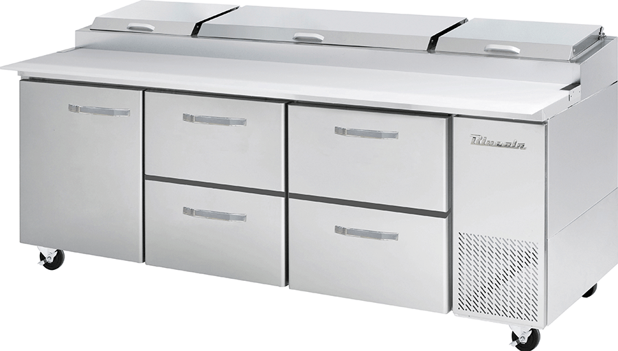 Blue Air BAPP93-D4RM-HC 4 Drawer 1 Doors (L) Pizza Prep Table, 93-3/8" wide, 30.8 Cu. Ft., Twelve 1/3' Pans, R-290 Refrigerant - Top Restaurant Supplies