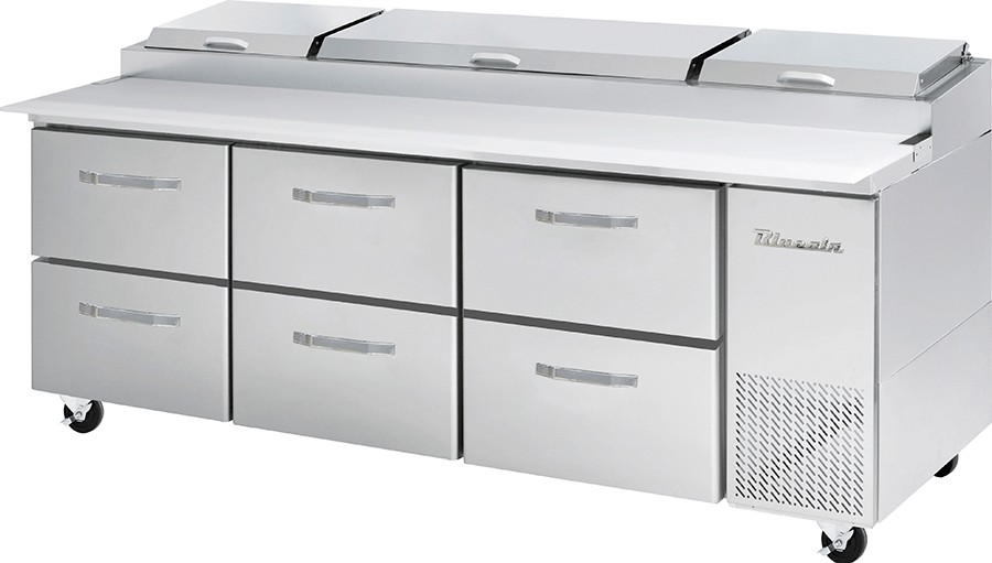 Blue Air BAPP93-D6-HC 6 Drawer Pizza Prep Table, 93-3/8" wide, 30.8 Cu. Ft., Twelve 1/3' Pans, R-290 Refrigerant - Top Restaurant Supplies