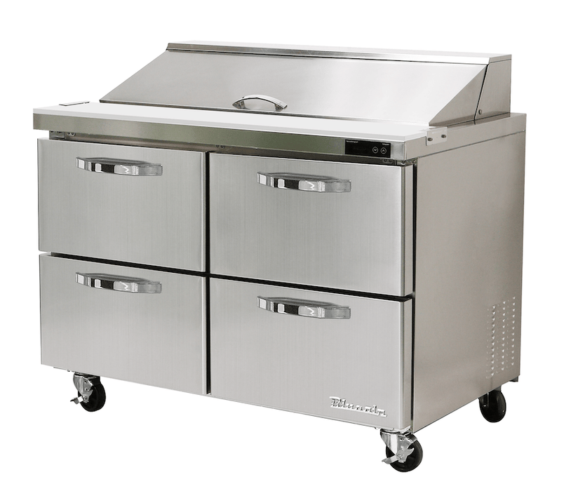 Blue Air BLPT48-D4-HC 4 Drawer Sandwich Prep Table with Twelve 1/6" Pans, 48" wide, 13 Cu. Ft., R-290 Refrigerant - Top Restaurant Supplies