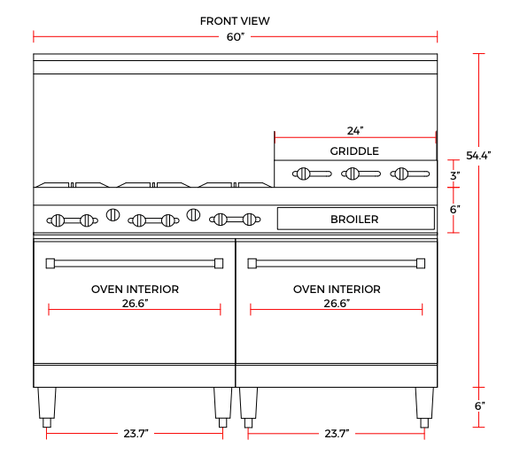 Cookline CR60-24RG-NG 60" 6 Burner Natural Gas Range with 2 Ovens with 24" Raised Griddle and Broiler, 278,000 BTU - Top Restaurant Supplies