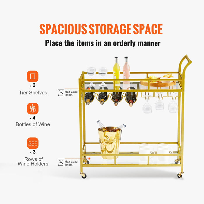 VEVOR - Carrito de servicio de barra de metal dorado de 2 niveles con estante para vinos y soporte para copas, 120 libras