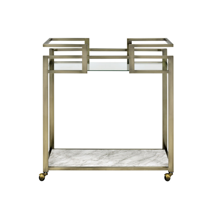 ACME Neilo Serving Cart in Clear Glass, Faux Marble & Wire Brass Finish AC00159