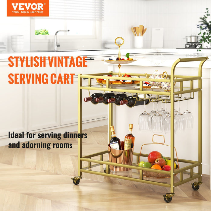 VEVOR - Carrito de servicio de barra de metal dorado de 2 niveles con estante para vinos y soporte para copas, 120 libras