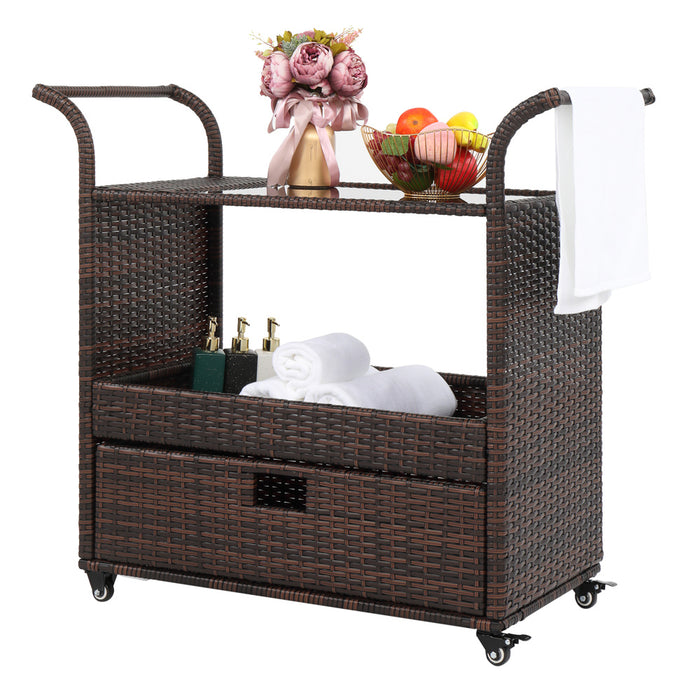 Outdoor Patio Wicker Rattan Serving Bar Cart Sideboard On Wheels- Top Restaurant Supplies