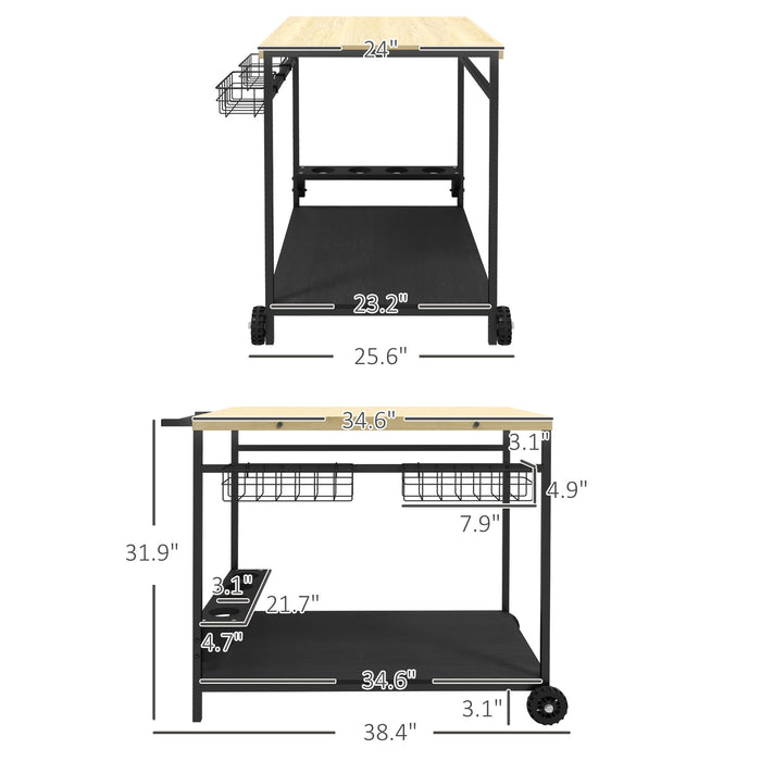 Carrito de bar para exteriores Outsunny, carrito de servicio con ruedas para patio, asa lateral, 2 cestas, 4 portavasos para vino para jardín, comedor, color natural