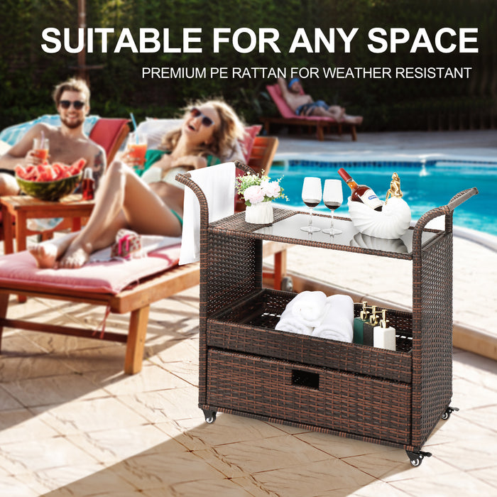 Outdoor Patio Wicker Rattan Serving Bar Cart Sideboard On Wheels- Top Restaurant Supplies