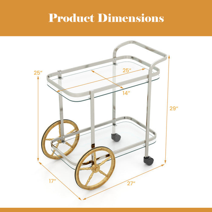 Carrito de bar de vidrio templado de 2 niveles con 2 ruedas grandes de aluminio y 2 ruedas giratorias