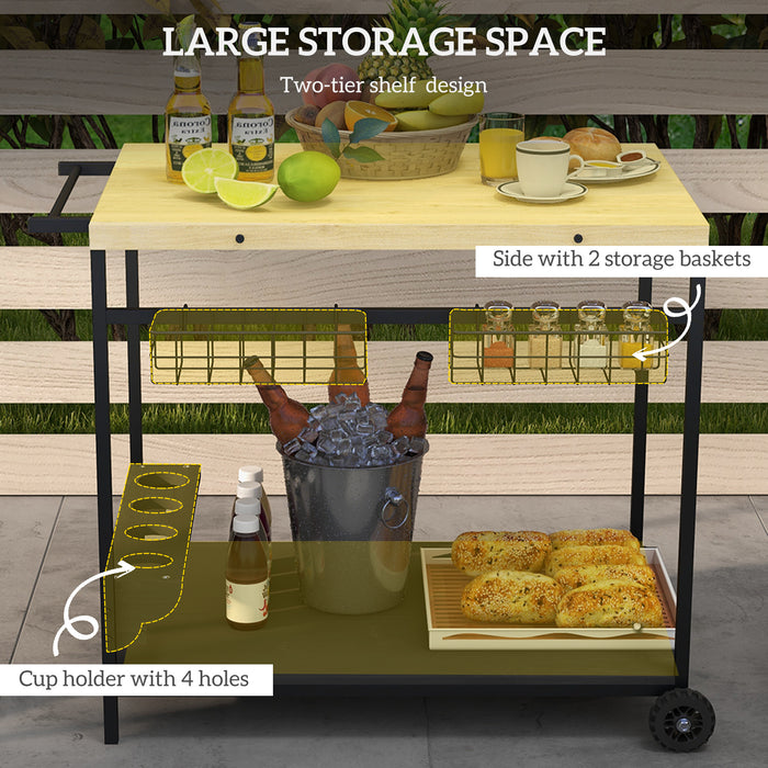 Carrito de bar para exteriores Outsunny, carrito de servicio con ruedas para patio, asa lateral, 2 cestas, 4 portavasos para vino para jardín, comedor, color natural