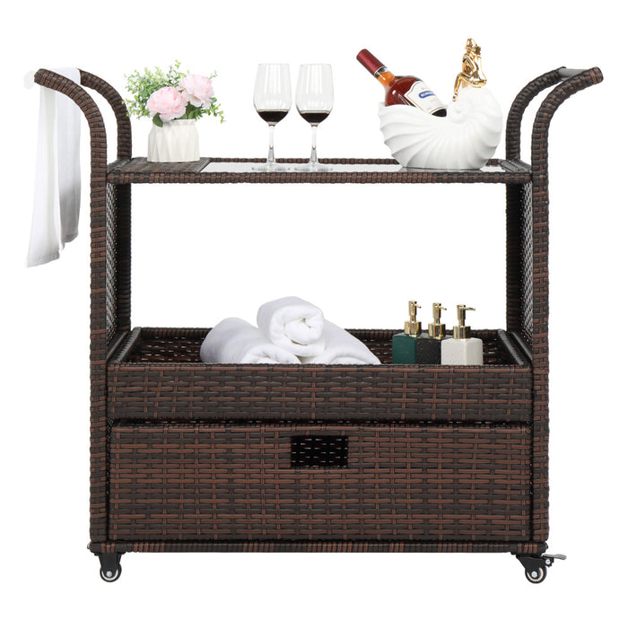 Outdoor Patio Wicker Rattan Serving Bar Cart Sideboard On Wheels- Top Restaurant Supplies