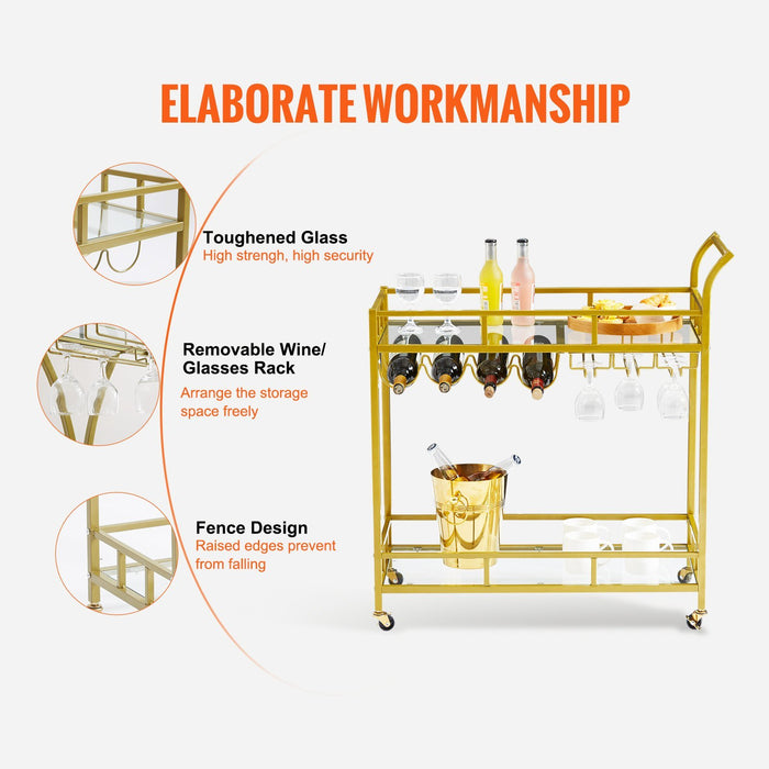 VEVOR - Carrito de servicio de barra de metal dorado de 2 niveles con estante para vinos y soporte para copas, 120 libras