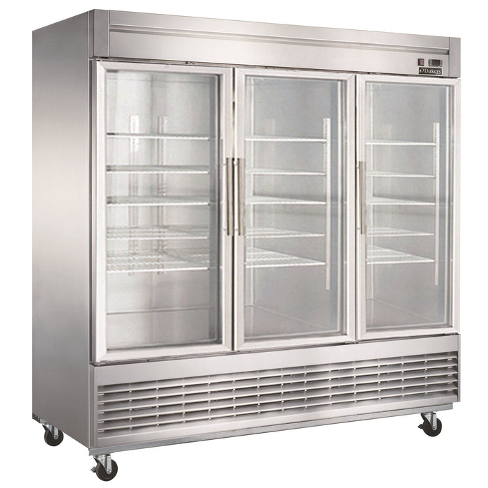 Dukers D83R-GS3 Bottom Mount Glass 3-Door Commercial Reach-in Refrigerator, 82.625" Wide - Top Restaurant Supplies