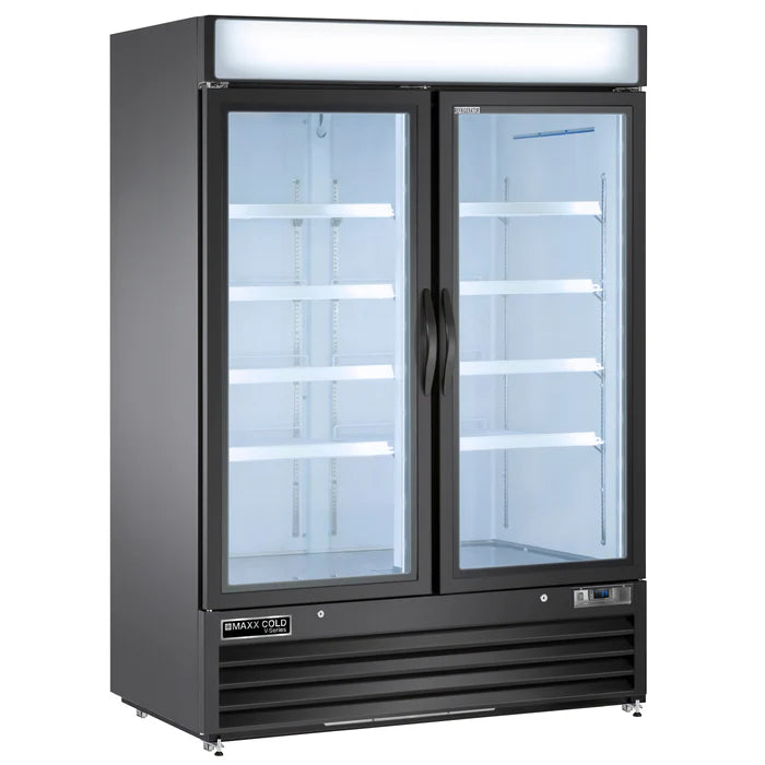 Maxx Cold V-Series Double Glass Door Ice Merchandiser Freezer, 54"W, 48 cu. ft. Capacity, in Black (MVMF48B)