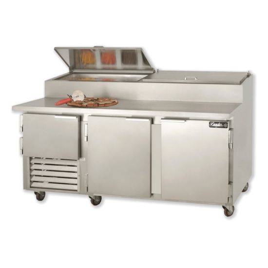 Leader Refrigeration ESPT72-SS 72" Pizza Table Stainless Steel Top, 2 1/2 Doors and 2 Shelves - Top Restaurant Supplies