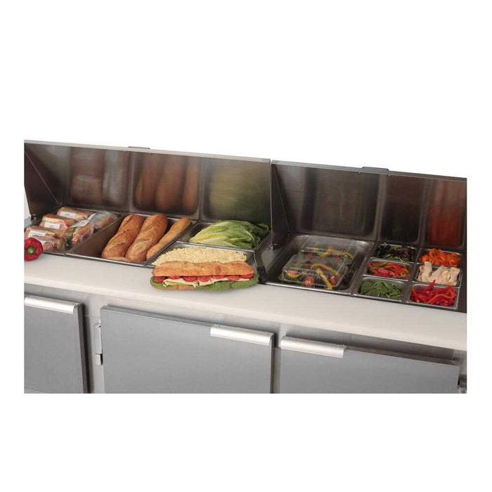 Leader LM84 Mega Top Bain Marie / Sandwich & Salad Refrigerated Prep Table with 2 Full & 1 Half Door, 84" -  TOP RESTAURANT SUPPLIES