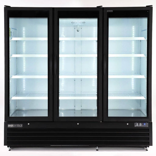 Maxx Cold MXGDM-73RBHC 81" Glass Door Merchandiser Refrigerator, Large Storage Capacity, Triple Door - Top Restaurant Supplies