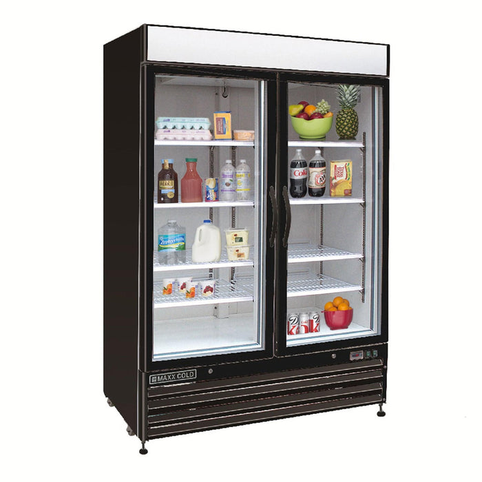 MXM2-48RBHC Maxx Cold Double Door, Glass Door Refrigerator Merchandiser, Black, 48 Cu ft - Top Restaurant Supplies