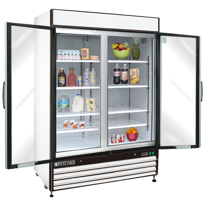 MXM2-48RHC Maxx Cold Double Door, Glass Door Refrigerator Merchandiser, White, 48 Cu ft - Top Restaurant Supplies