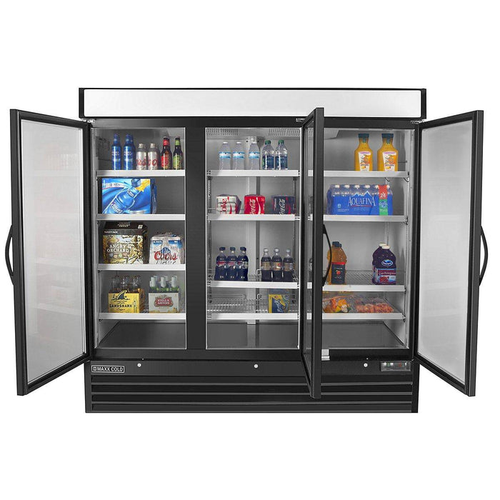 MXM3-72RBHC Maxx Cold Triple Door, Glass Door Refrigerator Merchandiser, Black, 72 Cu ft - Top Restaurant Supplies