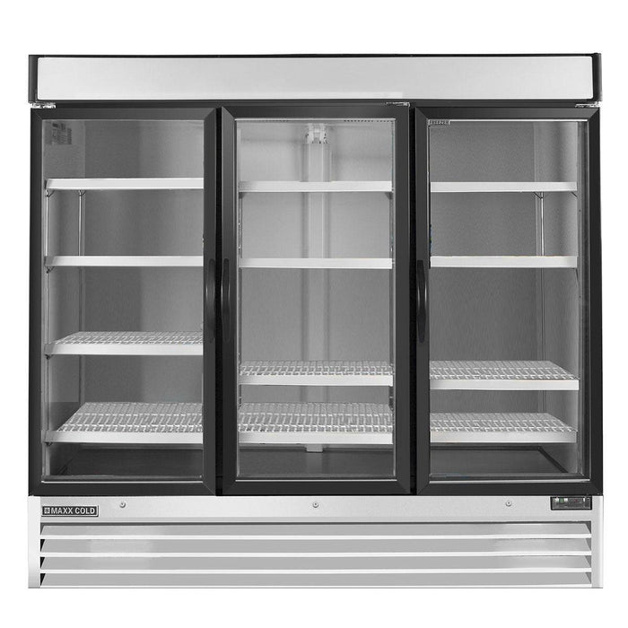 MXM3-72RHC Maxx Cold Triple Door, Glass Door Refrigerator Merchandiser, White, 72 Cu ft - Top Restaurant Supplies