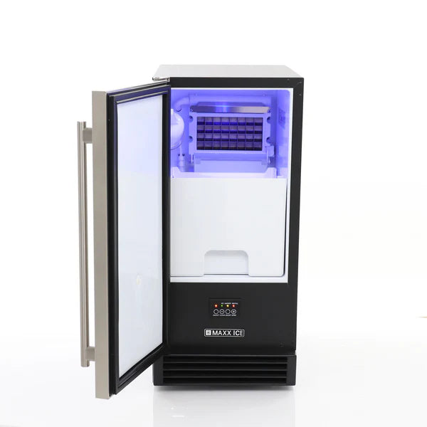 Maxx Ice MIM50P-ADA Built-In Indoor Clear Ice Machine ADA, 15"W, 65 lbs, Full Dice Cubes, Black/Stainless Steel Door