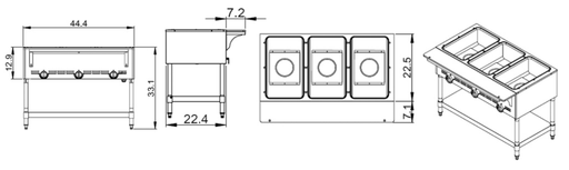 Prepline GST-3OW 44.4" Three Pan Gas Steam Table with Undershelf, Open Well - Top Restaurant Supplies