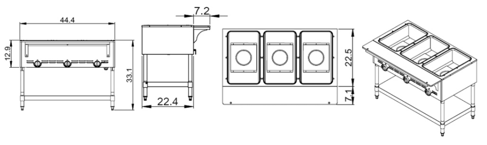 Prepline GST-3OW 44.4" Three Pan Gas Steam Table with Undershelf, Open Well - Top Restaurant Supplies