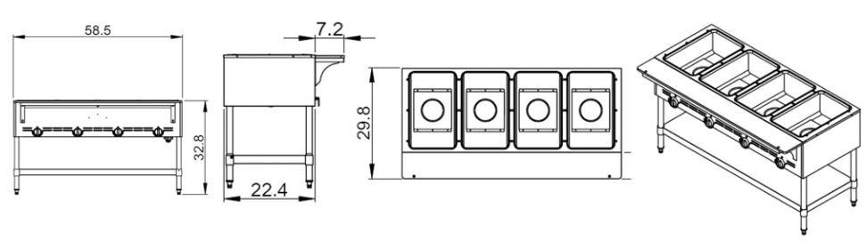 Prepline GST-4OW 58.5" Four Pan Gas Steam Table with Undershelf, Open Well - Top Restaurant Supplies