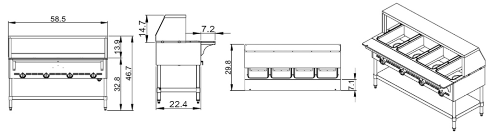 Prepline GST-4OW 58.5" Four Pan Gas Steam Table with Undershelf, Open Well - Top Restaurant Supplies