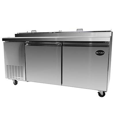 SABA SPP-67-9 67″ Two Door Refrigerated Pizza Prep Table with Pans Stainless Steel - Top Restaurant Supplies