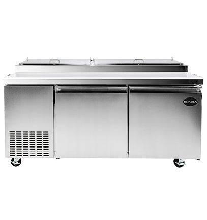 SABA SPP-67-9 67″ Two Door Refrigerated Pizza Prep Table with Pans Stainless Steel - Top Restaurant Supplies