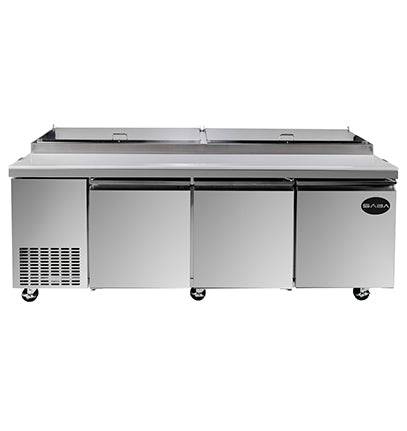 SABA SPP-91-12 91″ Three Door Refrigerated Pizza Prep Table with Pans Stainless Steel - Top Restaurant Supplies