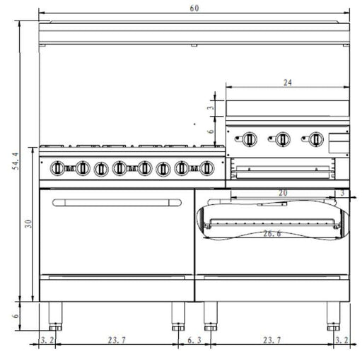 SABA GR60-24B 60" 6 Open Burner Gas Range with 24" Gas Griddle, Broiler & Bottom Oven 278,000 BTU - Top Restaurant Supplies