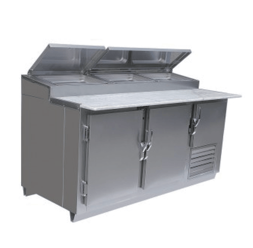 Universal Coolers SC-117-PPT 117" 3 1/2 Door Pizza Prep Table with 24 Pans, Stainless Steel Top - Top Restaurant Supplies