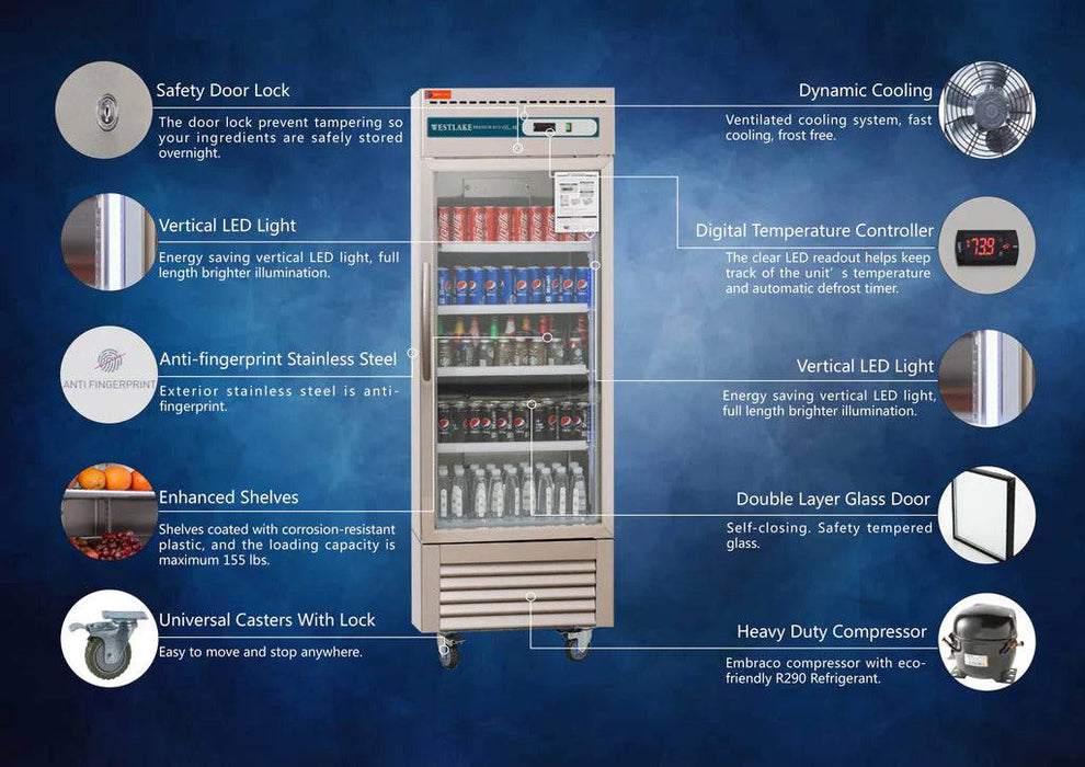 Westlake WKR-23BG Glass Door 23 Cu.ft Stainless Steel Refrigerator - Top Restaurant Supplies